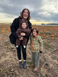 Rebecca and kids at the pumpkin patch
